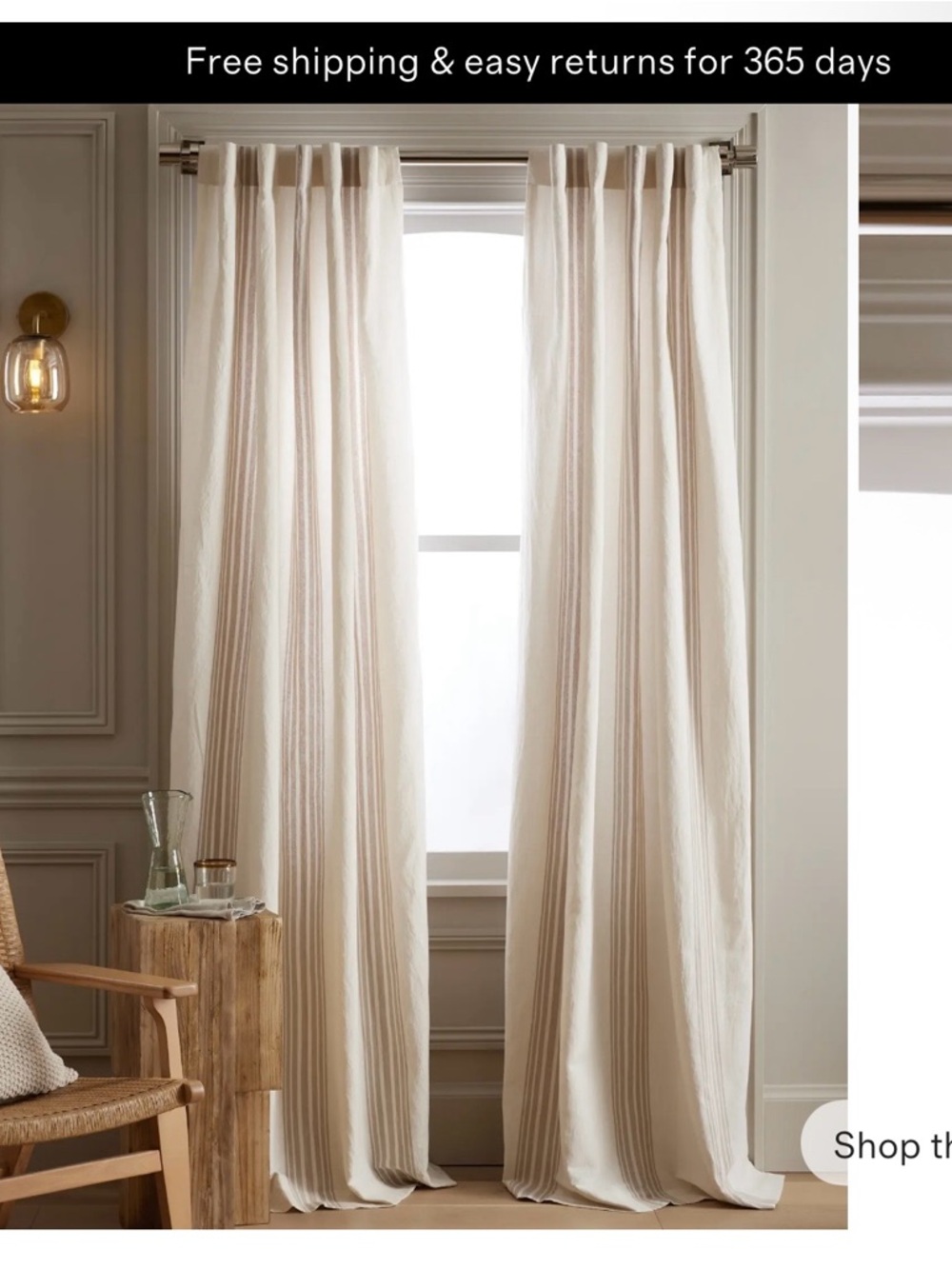 Quince Coastal Stripe Linen Cotton light Filtering Curtain 48 x 96 ivory